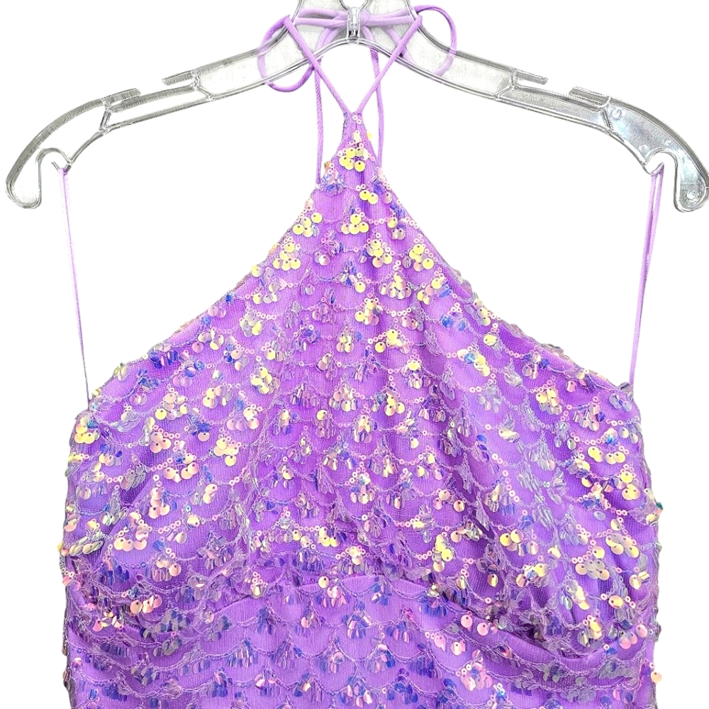 Nwt Fashion Nova Lavender Iradecent Sequin Vitamin Sea Halter Fringed Mini Dress - Picture 8 of 17